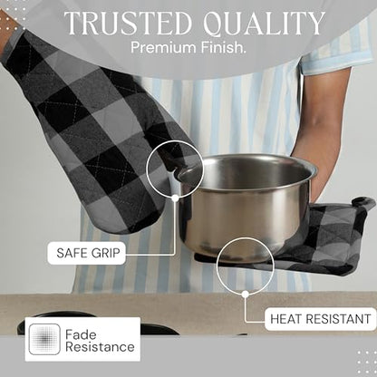 Buffalo Plaid Check Oven Mitts and Pot Holders Set, 100% Cotton, Heat Resistant, 2 Oven Gloves (7x13 Inches) & 2 Hot Pads (8x8 Inches) for Cooking and Baking, Light Grey & Black White - color: Light Grey & Black, Buffalo Plaid