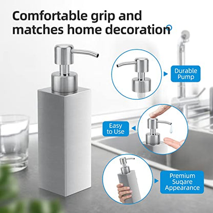 Soap Dispenser with Rust Proof Stainless Steel Pump Refillable for Bathroom and Kitchen Soap Dispenser for Essential Oils, Liquid, Lotions (8.5OZ / 250ML) - color: Square-silver