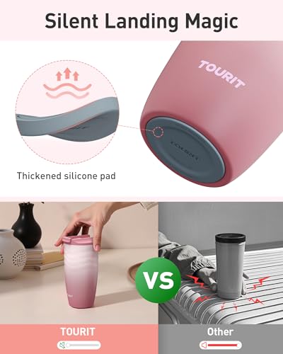 TOURIT 16 oz Insulated Travel Coffee Mug Stainless Steel Tumbler, Lilac | Vacuum insulated travel mug with ripple-wave anti-slip grip, leakproof lid & silicone bottom, fits standard car cup holders - color: Lilac, size: 16 Ounces