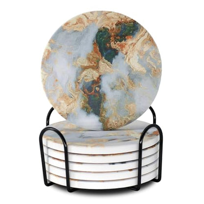White Marble Ceramic Coasters with Holder Absorbent Drink Coaster Set Outdoor Round Abstract Cute Table Decorative Coffee Cup Beverage Fun Wine Beer Bar Gold Housewarming 6 Pack - style: White Gold