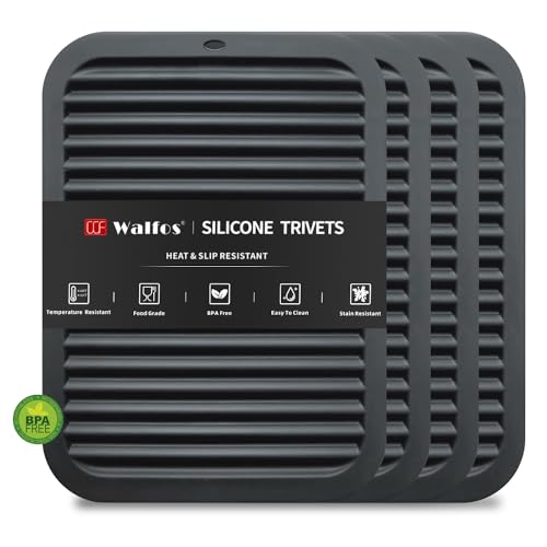 Walfos Silicone Trivets for Hot Pots and Pans - 446°F Heat Resistant Hot Pads for Kitchen Counter- 4 Pcs Multi-Purpose & Versatile Trivet Mat - Long-Lasting & Flexible Silicone Hot Pad（Black） - style: 9x12in, 4 Black Rectangle