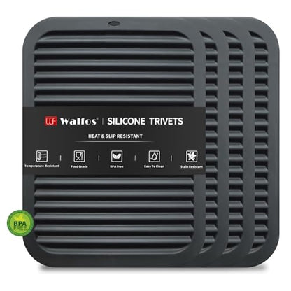 Walfos Silicone Trivets for Hot Pots and Pans - 446°F Heat Resistant Hot Pads for Kitchen Counter- 4 Pcs Multi-Purpose & Versatile Trivet Mat - Long-Lasting & Flexible Silicone Hot Pad（Black） - style: 9x12in, 4 Black Rectangle