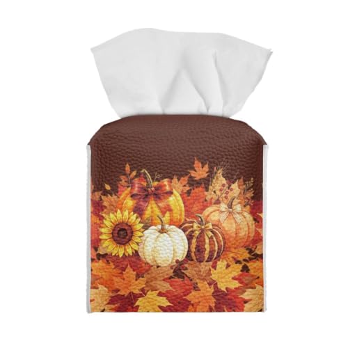 Thanksgiving Pumpkin Cube PU Leather Tissue Box Cover | Fall Maple Leaf Tissue Box Holder Lightweight Square Facial Napkin Holder for Bathroom Bedroom Kitchen Decorative - color: Fall Maple Leaf Pumpkin