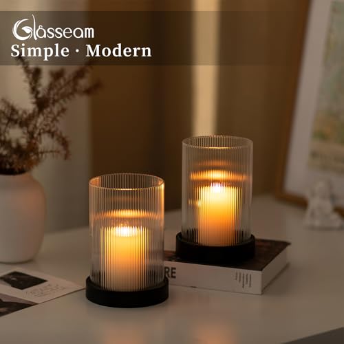 Glasseam Hurricane Candle Holder 2Pcs Black Candle Tray with Glass Cylinder | 3.94''x5.71'' Ribbed Open-End Sleeve, Fit 4'' Pillar Candles, Metal Candle Plates, Modern Table Centerpiece, Fireplace Decor - color: Black