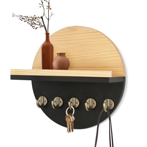 Gurfuy Key Holder for Wall with Shelf - Wood Mail Organizer and Rack with Shelf Hooks Wall Mounted for Entryway Decor Magazines Letter Storage Farmhouse Living Room Bedroom Doorway Black - color: Black