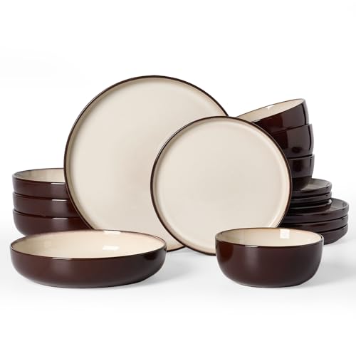 Famiware Milkyway 16-Piece Stoneware Plates and Bowls, Light khaki & Cocoa | Dinnerware Set with Pasta Bowls for 4, Handmade Reactive Glaze Dish Set, Microwave/Dishwasher Safe, Chip/Scratch Resistant - color: Light khaki & Cocoa, size: Service for 4 (Incl