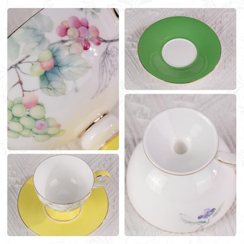 KAMMAK Tea Cups Set of 2,Ceramic Floral Pattern Demitasse Cup | Porcelain Espresso Cup with Saucer, 7.44 oz Handmade Elegant Bone China Tea Cups for Latte, Americano, Cappuccino - color: Grape + Blueberry