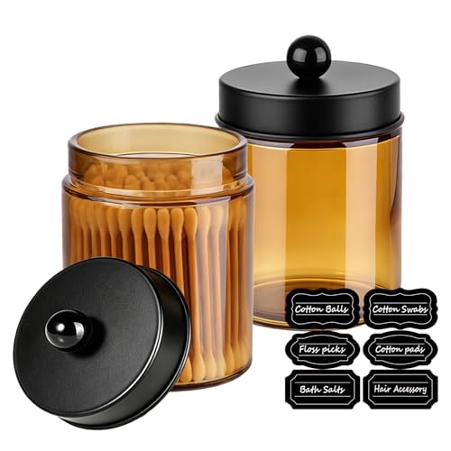 Amolliar Glass Apothecary Jar Qtip Holder w/Metal Lids, Amber-Black, 2pc | for Bathroom Vanity Storage, Countertop, Farmhouse Style, Holds Cotton Swabs, Dental Floss, Makeup Sponges - color: Amber-Black Lid