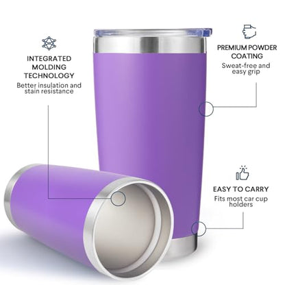 Volhoply 20oz Stainless Steel Tumbler with Lid and Straw Bulk 4 Pack,Double Wall Insulated Travel Iced Coffee Mug Fits Cup Holder,Powder Coated Cups for Hot/Cold Drinks,Gifts for Women（Purple,4 Set） - color: Purple