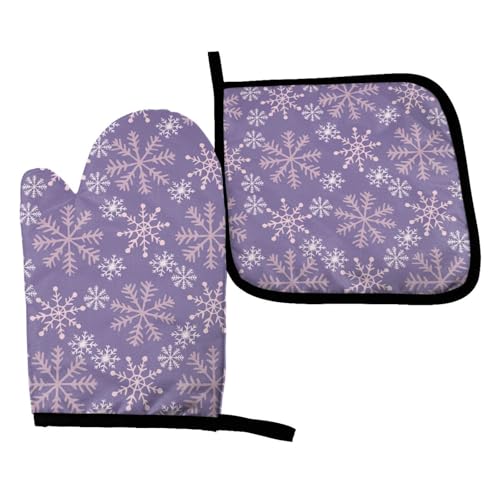 Perinsto Winter Snowflakes Purple Oven Mitts & Pot Holders Kitchen Set Heat Resistant Christmas Decorative Cooking Gloves Microwave Oven Gloves for Baking Grilling BBQ - color: Snowflakes Purple, size: Set of 2
