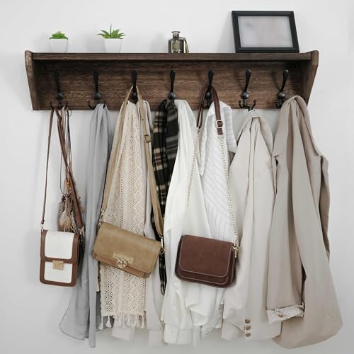 WEBI Coat Rack Wall Mount with Shelf,35" Long Wall Shelf with Hooks Underneath,7 Triple Hooks for Entryway,Hallway,Bedroom,Weathered Brown - color: Weathered Brown, size: 35 Inch