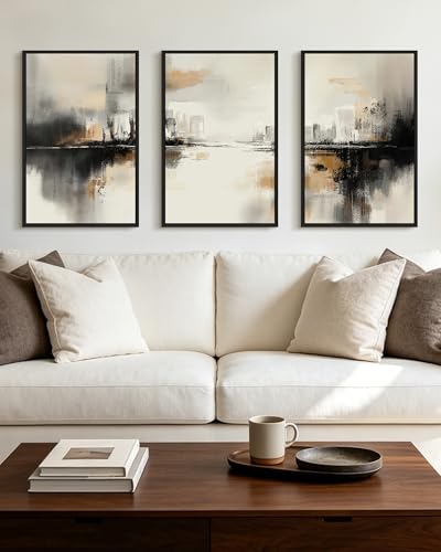PHOPAGO Black Gray Abstract Landscape Framed Wall Art Large 16x24in Brown Tan Neutral Wall Decor Minimalist Modern Illustrations Prints Bedroom Home Decor - Black Framed - color: Black Abstract, size: 24L" x 16W" x 3 Pcs Black