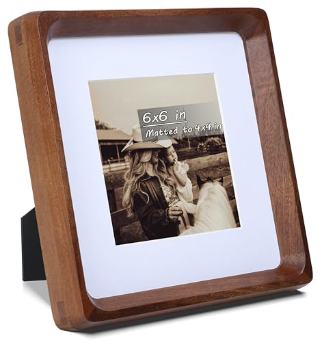 Square 6x6 Picture Frame with Mat for 4x4, USA-Sourced Natural Walnut Wood Handcrafted Rounded Corner with Real Glass, Vertical or Horizontal Display Photo Gallery Wall & Tabletop Frame - color: Walnut, size: 6x6 Matted to 4x4