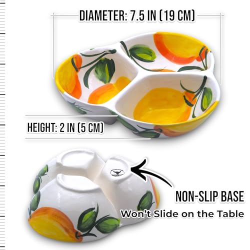 3-Compartment Ceramic Serving Dish, Handmade in Spain | 7.5” divided chip and dip bowl with lead-free glaze, microwave, oven and dishwasher safe, ideal for tapas, snacks and sauces - color: Sunny Lemon