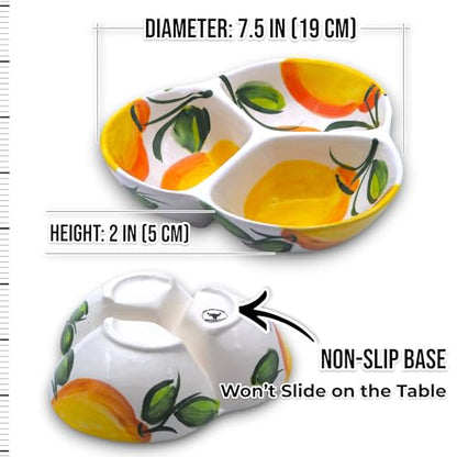 3-Compartment Ceramic Serving Dish, Handmade in Spain | 7.5” divided chip and dip bowl with lead-free glaze, microwave, oven and dishwasher safe, ideal for tapas, snacks and sauces - color: Sunny Lemon