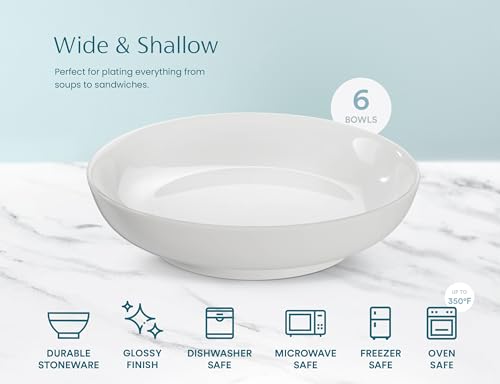 KooK Pasta Bowl, Set of 6, Salad Bowl, Large, Ceramic, Microwave and Dishwasher Safe, for Soups, Shallow Serving Bowls, 32 oz, (White) - color: White
