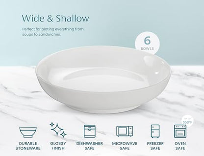KooK Pasta Bowl, Set of 6, Salad Bowl, Large, Ceramic, Microwave and Dishwasher Safe, for Soups, Shallow Serving Bowls, 32 oz, (White) - color: White