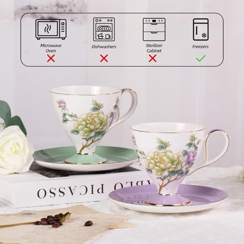 KAMMAK Ceramic Coffee Cups Saucers Set of 2, Porcelain Espresso Cups with Saucers, 8.12 oz Handcrafted Elegant Bone China Tea Cups, Purple Purple & Mint Green Flower Teacup for Party, Office, Gift - color: Green Jade + Purple Blossom