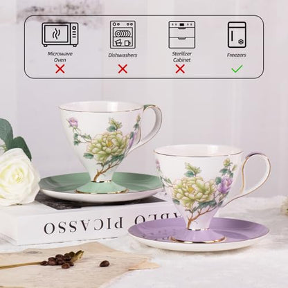 KAMMAK Ceramic Coffee Cups Saucers Set of 2, Porcelain Espresso Cups with Saucers, 8.12 oz Handcrafted Elegant Bone China Tea Cups, Purple Purple & Mint Green Flower Teacup for Party, Office, Gift - color: Green Jade + Purple Blossom