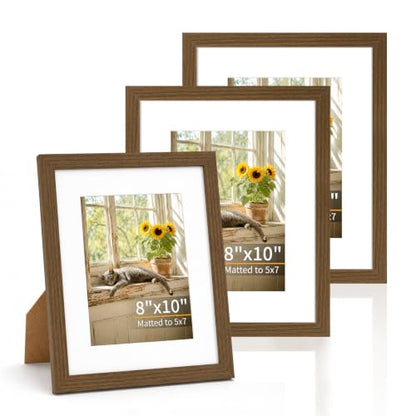 8x10 Wooden Picture Frames Set of 3 Walnut Photo Frame Wall Table Display | Sturdy MDF 8x10 frames with mat clear plexiglass Hangs on wall stands on table family pics weddings diplomas home or office - color: Walnut, size: 8x10