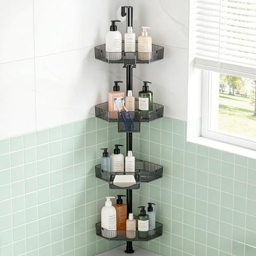 4 Tier Corner Shower Caddy with Modular Poles ABS Basket & Carbon Steel Shower Organizer Adjustable Tension Rod Screw Free Shower Caddy Wall Mounted Rack Shelves Storage Bathroom Accessories - color: Grey & Black 4