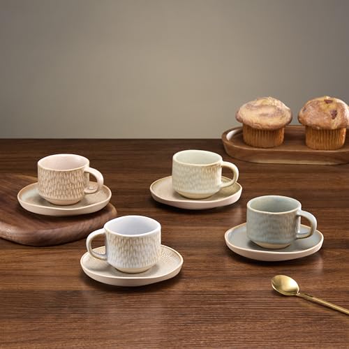 KooK Espresso Mug and Saucer Set, Ceramic Cups and Plates with Rustic Organic Shape and Feathered Texture, Dishwasher and Microwave Safe, 2.7 oz, Set of 4, Neutral Multicolor (2.7 Oz) - size: 2.7 Oz