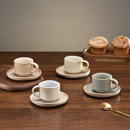 KooK Espresso Mug and Saucer Set, Ceramic Cups and Plates with Rustic Organic Shape and Feathered Texture, Dishwasher and Microwave Safe, 2.7 oz, Set of 4, Neutral Multicolor (2.7 Oz) - size: 2.7 Oz