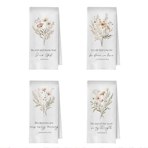 Floral Christian Kitchen Towels Set - Bible Verse Decorative Waffle Dish Towels, Christian Religious Gifts Hand Towel, Scripture Gifts Tea Towel, 16x24 Inch Set of 4 - color: Christian -04