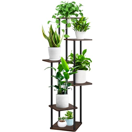 6 Tier Plant Stand Indoor, Thickened Metal Wood Corner Plant Shelf Stands for Multiple Plants, Indoor Tall Plants Stand Tiered Flower Holder for Living Room Patio Garden Balcony(Black+Oak) - color: Black+Oak, size: 6 Tier
