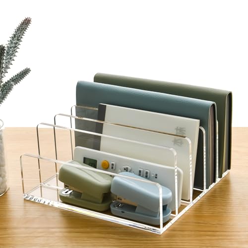 5 Compartments Clear Acrylic Mail Holder – Vertical Letter Sorter & Multifunction Desk Organizer for Bills, Documents, Notebooks – Modern Office/Home Envelope File Rack - size: 5 Compartments