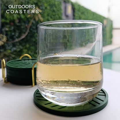 Silicone Drink Coasters, Set of 6, with Groove Patterns and Gold Holder - Olive Green - color: Olive Green
