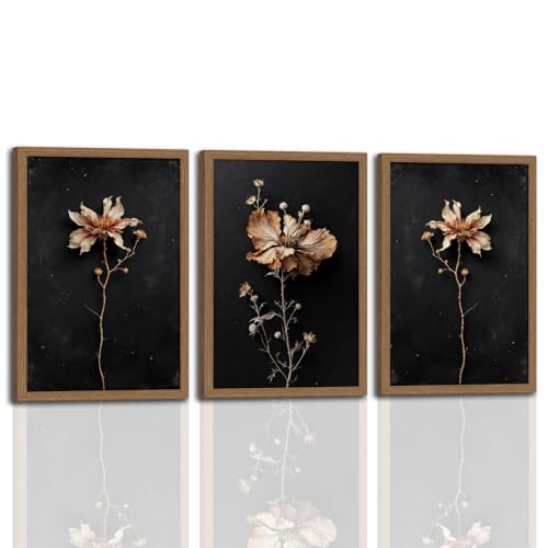 Framed Vintage Moody Botanical Wall Art Decor Dark Dried Flower Minimalist Canvas Prints Pictures Rustic Retro Art work for Dining room Walls Living Room Bedroom Bathroom Preparing to hang 12x16in - color: Vintage Floral, size: 12x16 Inches