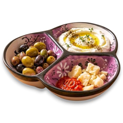 3-Compartment Ceramic Serving Dish, Handmade in Spain | 7.5” divided chip and dip bowl with lead-free glaze, microwave, oven and dishwasher safe, ideal for tapas, snacks and sauces - color: Onyx Lilac