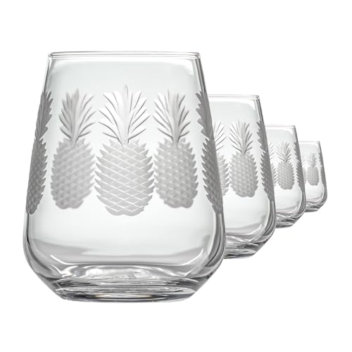 Rolf Glass Fresh Pineapple Stemless Wine Glass | 15.75oz Stemless Tumblers | Lead-Free and Diamond-Wheel Engraved | Tropical Coastal Etched Glassware with Pineapple Design | Set of 4 - color: Stemless, size: Set of 4