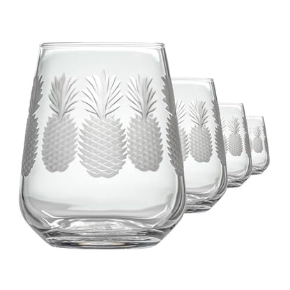 Rolf Glass Fresh Pineapple Stemless Wine Glass | 15.75oz Stemless Tumblers | Lead-Free and Diamond-Wheel Engraved | Tropical Coastal Etched Glassware with Pineapple Design | Set of 4 - color: Stemless, size: Set of 4