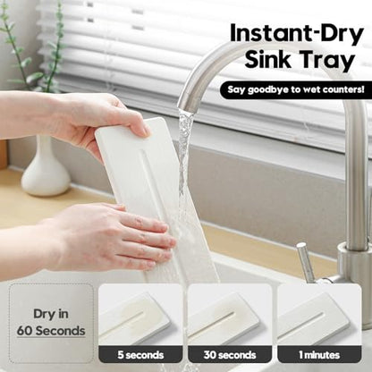 2 Pack Diatomite Stone Sink Tray, Water Absorbing Mat for Kitchen & Bathroom Counter, Quick Dry Soap Dish Makeup Vanity Caddy,Sponge Holder Organizer, White - 2pcs of 9"x 3.5" - color: 2 Pcs - White - 9"x 3.5"