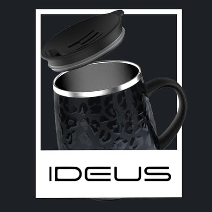 Ideus 16 oz Insulated Coffee Mug with Handle and Lid, Double Wall Stainless Steel Vacuum Thermal Coffee Mug, Travel Coffee Cup Thermal Cup for Home and Office (Leopard Black, FUJI DAWN) - color: Leopard Black