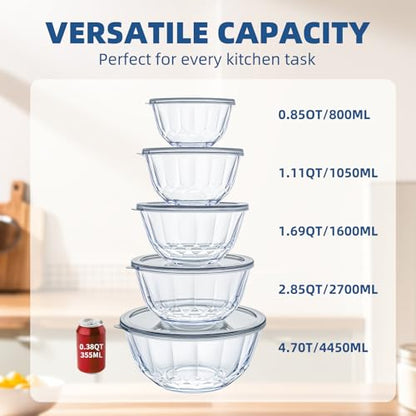 Luvan 5-Piece Glass Mixing Bowls Set with Lids - Clear Salad Bowls with Lids Set, Diamond Pattern Large Glass Mixing Bowl for Baking Prep, Serving & Storage - color: Clear Gray
