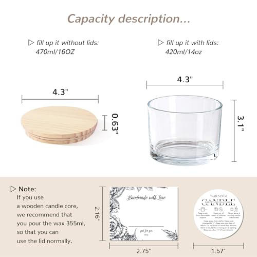 6 Pack Glass Candle Jars with Lids (16oz, Clear) - Large Candle Jars for 3 Wick Candles Making - Empty Candle Jars Containers - Candle Making Supplies Accessories include 16Pcs Candle Labels - color: Clear