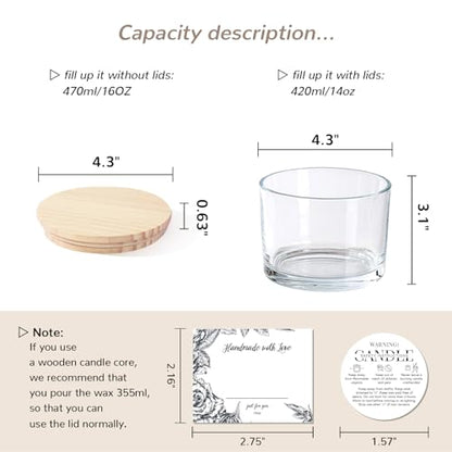 6 Pack Glass Candle Jars with Lids (16oz, Clear) - Large Candle Jars for 3 Wick Candles Making - Empty Candle Jars Containers - Candle Making Supplies Accessories include 16Pcs Candle Labels - color: Clear