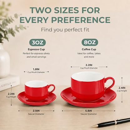 3 Ounce Espresso Cups Set of 4, Red | Stackable Demitasse Mugs, Includes Display Stand, Cups Saucers, and Spoons, for Machines & Home Use - color: Red