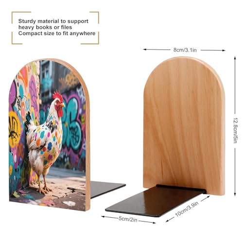 Personalized Wood Book Ends Metal Base Graffiti Chicken Street Art Printing Bookend Modern Heavy Duty Bookends for Home Or Office 1 Pair - color: Graffiti Chicken Street Art
