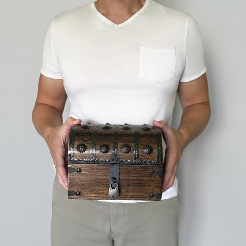 Keepsake Wooden Treasure Chest with Antique Jewelry Lock and Key (Large 8 x 6 x 6), SH23353-L - size: Large 8 x 6 x 6"