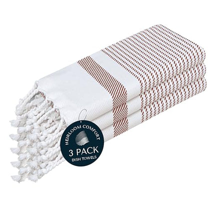Brown Turkish Kitchen Towels 16x26 Inch, 3 Pack, 100% Cotton, Ultra Absorbent, Soft, Fast Dry, Machine Washable, Dish Towel with Tassels for Drying Dishes, Cleaning, Everyday Use - color: Brown, style: 3 Pack