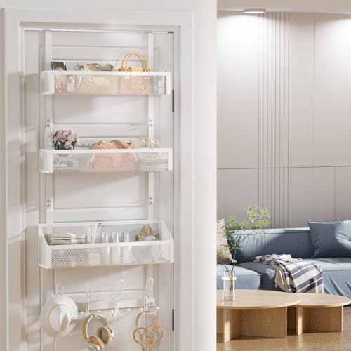 Over Door Hook Organizer 12 Hook Over The Door Organizer with 3 Mesh Baskets - Back of Door Storage Towel Rack Space Saving Storage Organizer for Bedroom, Bathroom, Kitchen, Pantry, White - color: 3 Mesh Basket-white