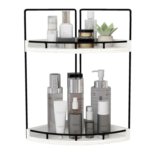 Dorhors 2-Tier Rustic White Corner Bathroom Shelf | 2-Tier Rustic White Rack Holder for Skincare,Perfume,Makeup,Lotion,Wood Sink Tray Stand for Kitchen,Restroom,Dresser - color: Rustic White