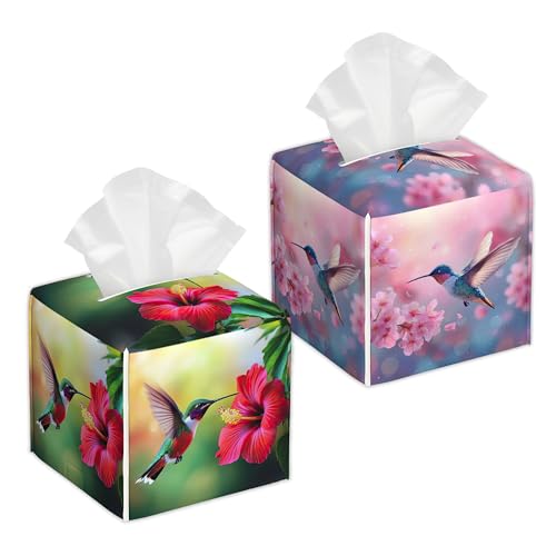 French Hummingbird Flower 2 Pcs Tissue Box Cover Square Leather Tissue Case Holder Facial Paper Organizer Decorative for Bathroom Kitchen Car Office Home Decor - color: Hummingbird Flower