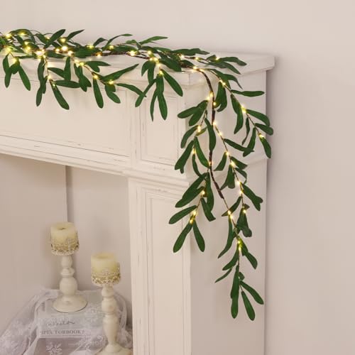 Olive Garland with Lights, 6FT Prelit Christmas Garland with Timer | Artificial Christmas Greenery Twig for Mantle Fireplace Wedding Stairs Xmas Decor - color: Olive Garland - 1pcs