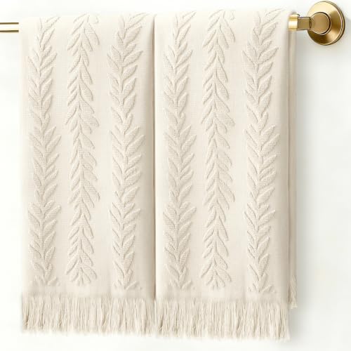 JarThenaAMCS 2Pcs Beige Leaves Hand Towels with Tassel 3D Jacquard Cotton Bath Towel Elegant Botanical Decorative Dish Towel for Home Bathroom Kitchen Decor - color: Beige