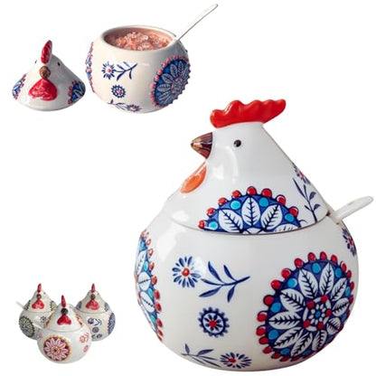 13.5 Oz Salt Cellar With Lid and Spoon (Blue)- Ceramic Chicken Spice Jars for Salt, Sugar, Pepper - Spice Containers for Countertop - color: Blue
